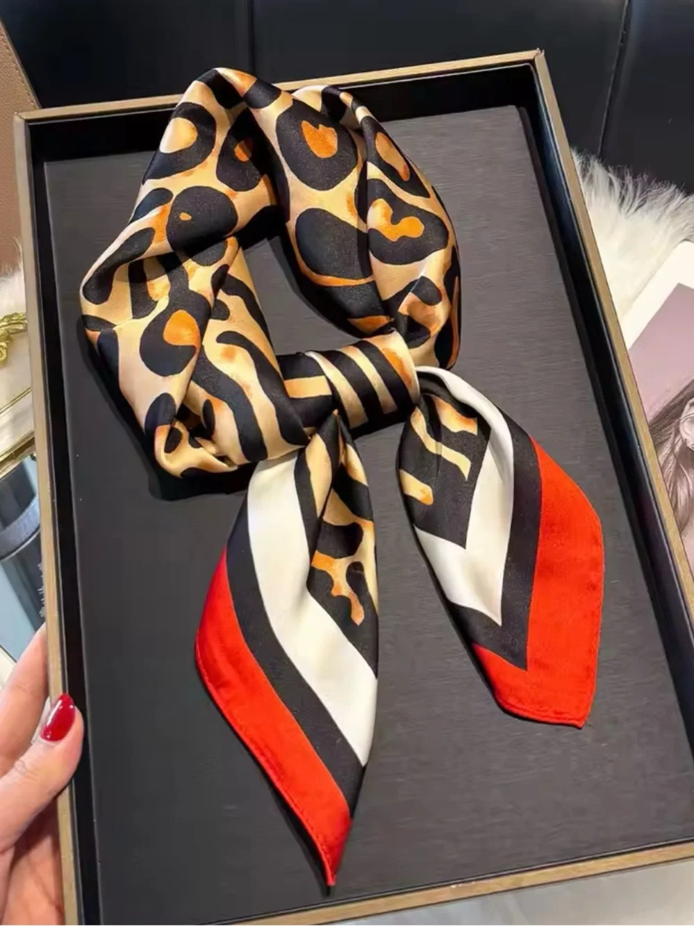 Leopard Print Neckerchief Scarf with Red Trim